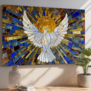 May include: A stained glass artwork depicting a white dove with open wings, set against a golden sunburst. The background is a mosaic of blue, gold, and brown glass pieces, creating a vibrant and spiritual image.
