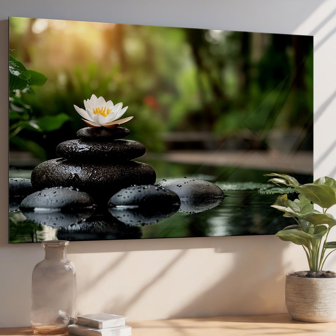 Zen Spa Stones & White Lotus - Tempered Glass Wall Art - Tranquil ...