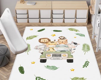 Safari Animals Nursery Rug, Jungle Animal Theme Kids Room Carpet, Lion Desing Baby Rug