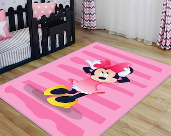 Minnie Mouse Rug, Pink Minnie Character Themed Kids Room Carpet