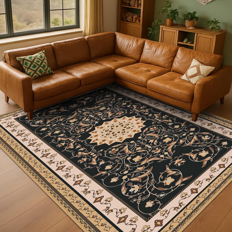 Oriental Vintage Style Medallion Rug, Brown Floral Carpet, Classic Living Room Rug image 4