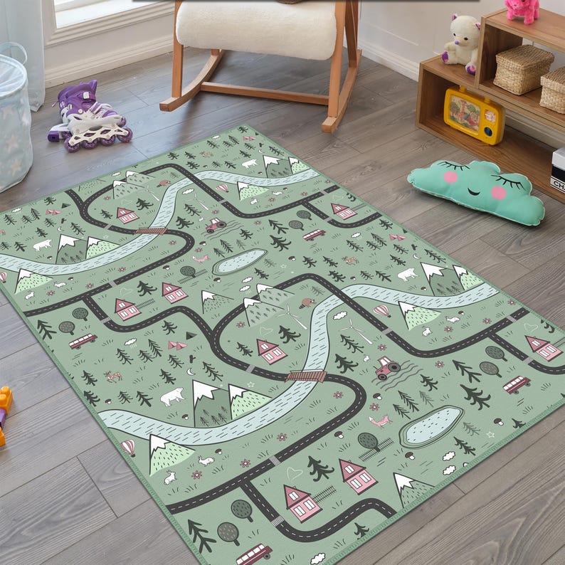 May include: A green play mat with a road map design. The mat features roads, rivers, houses, trees, mountains, and vehicles. The mat is designed for children's play and is made of a soft, durable material.