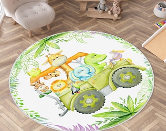 Safari Animals Round Kids Rug, Jungle Theme Play Mat, Safari Car Design Nursery Carpet