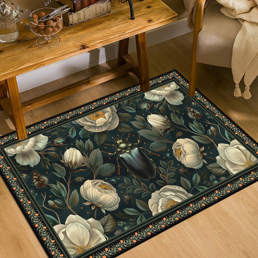 Magical Forest Rug Enchanted Forest Dark Floral Area Rug, Botanical Pattern Mat, Wild ...