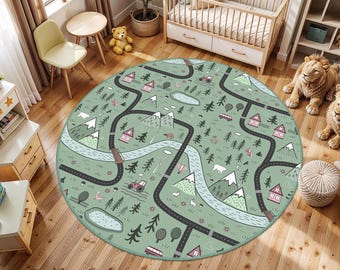 Mountain Forest Adventure Kids Room Rug, Green Woodland Round Kids Rugs, Road Playroom Mat