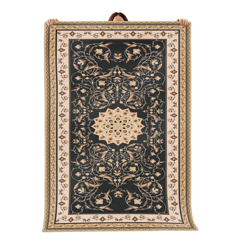 May include: A rectangular blanket with an intricate floral pattern in dark teal, beige, and cream. The design features a central medallion and a detailed border. The blanket is held up against a white background.