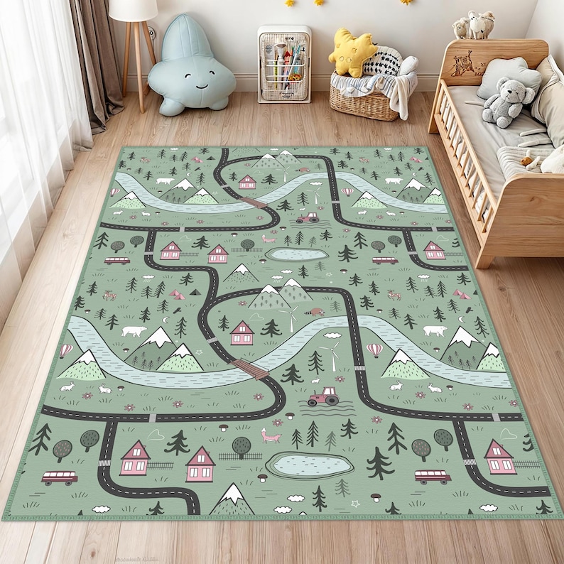 May include: A green and blue play rug with a road map design. The rug features roads, houses, mountains, trees, and a lake. The design includes a tractor, bus, and hot air balloon. The rug is designed for children's play areas.