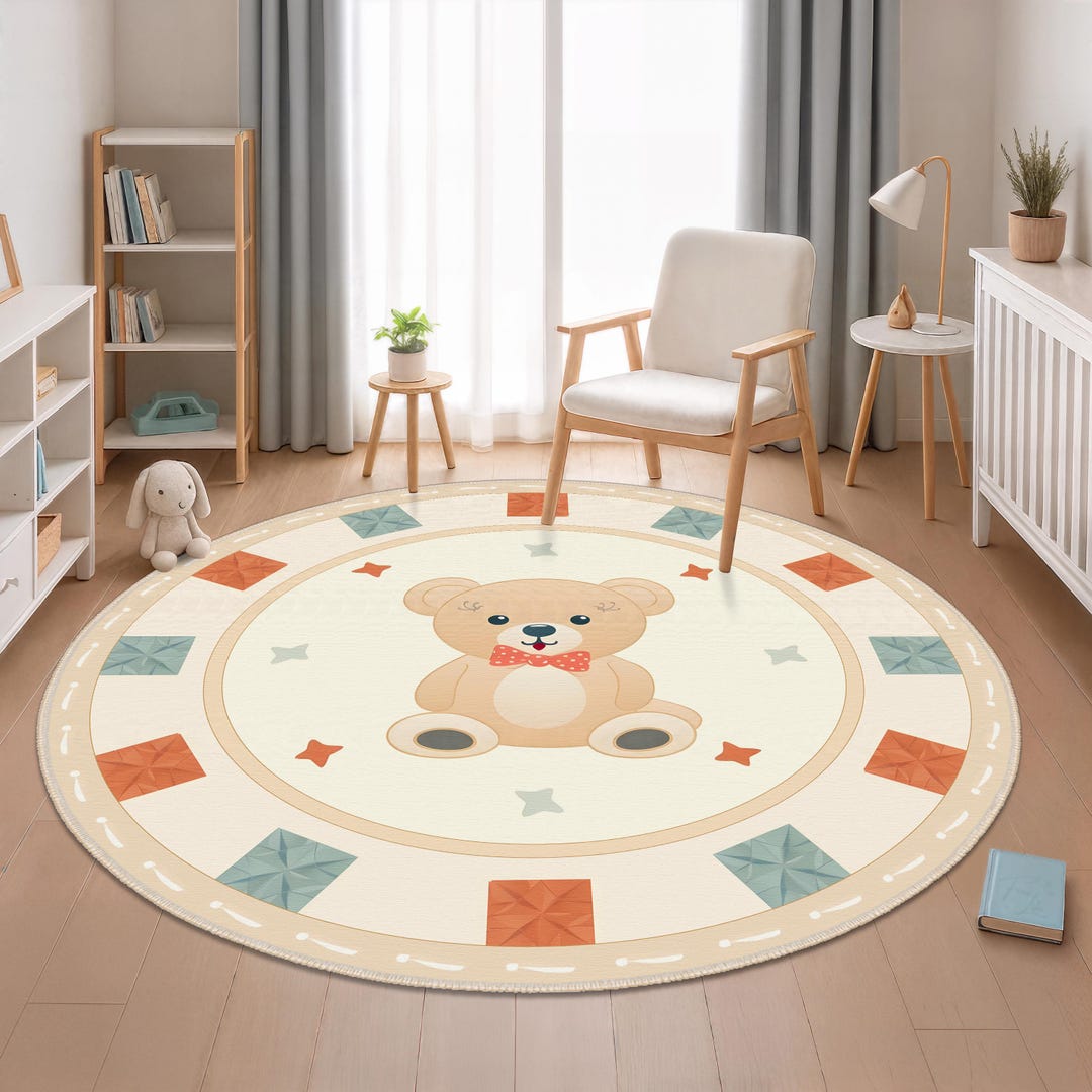 Teddy Bear Desing Rug, Bear Kids Room Rugs, Round Nursery Carpet - Etsy