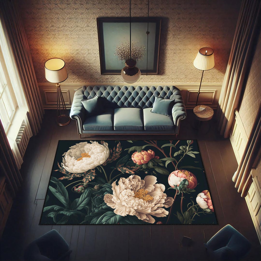 Flower Patterned Rug, Floral Peony Design Area Carpet, Vintage ...