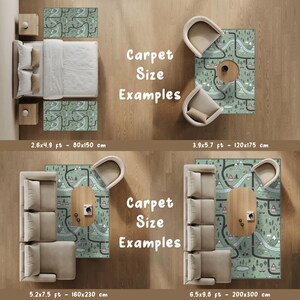 May include: An overhead view showcases four different-sized green rugs with a road and mountain design. The image includes furniture arrangements with the rugs, and text that reads "Carpet Size Examples" and measurements in feet and centimeters.