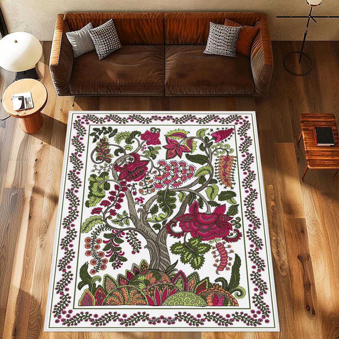 Floral Tree Area Rug, Botanical Illustration Carpet, Colorful Nature ...