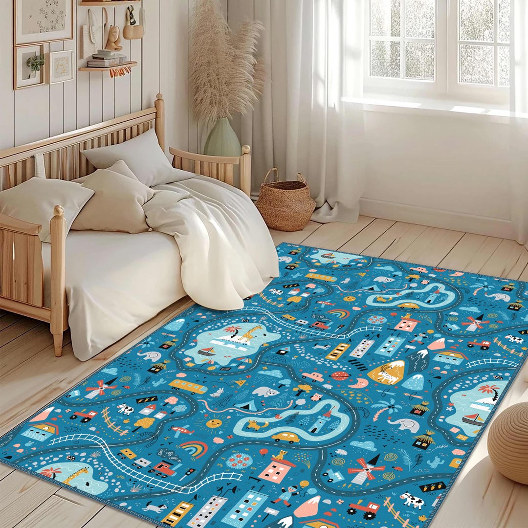 City Road Themed Kids Rug, Blue Boys Room Carpet, Farmhouse Pattern ...