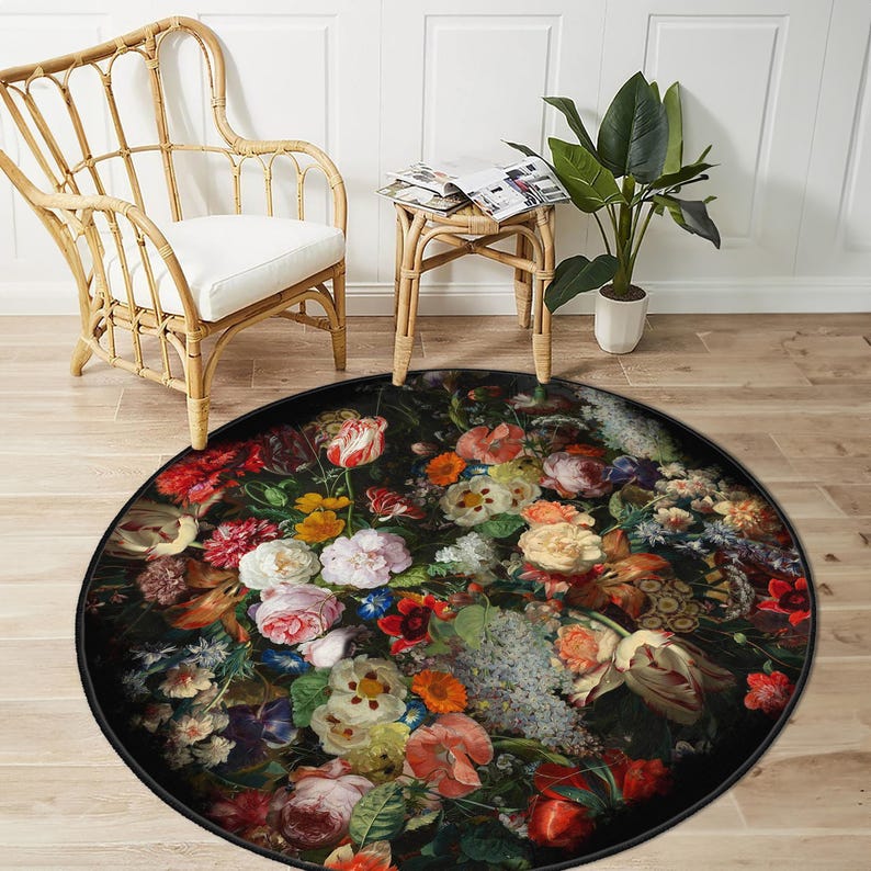 Vintage Floral Round Area Rug, Colorful Bouquet Design Carpet, Classic ...