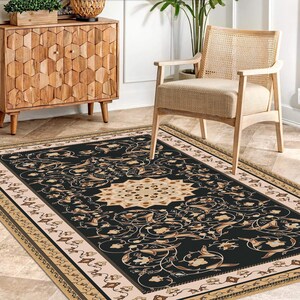 Oriental Vintage Style Medallion Rug, Brown Floral Carpet, Classic Living Room Rug image 1