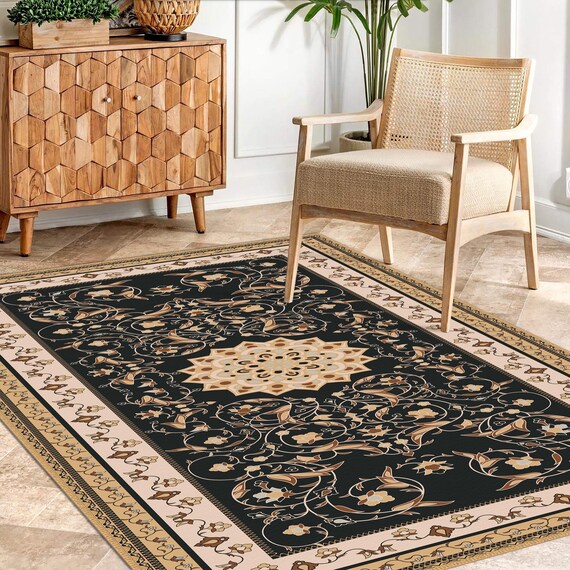 Oriental Vintage Style Medallion Rug, Brown Floral Carpet, Classic Living Room Rug