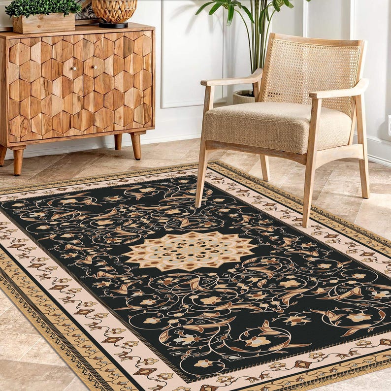 Oriental Vintage Style Medallion Rug, Brown Floral Carpet, Classic Living Room Rug image 1