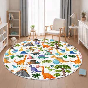 May include: A round white rug featuring colorful cartoon dinosaurs, trees, and volcanoes. The rug has a playful design with various dinosaur species in shades of orange, green, blue, and yellow, perfect for a child's room.