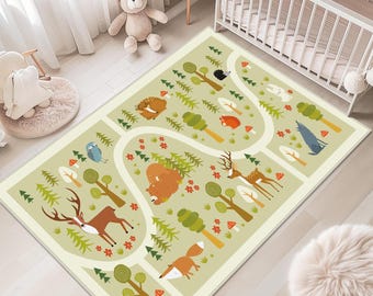 Playground Kids Carpet, Forest Animals Child Rug, Woodland Play Mat, Animals World Baby Rugs