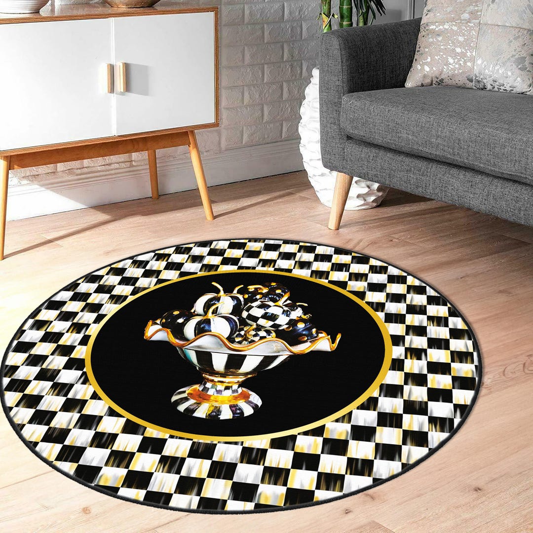 Checkered Round Rug, Black and White With Golden Accent, Artistic Floor ...
