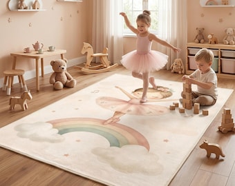 Babyvloerkleed met pastel ballerinapatroon, regenboogwolk kinderkamertapijt, slaapkamermat meisjes