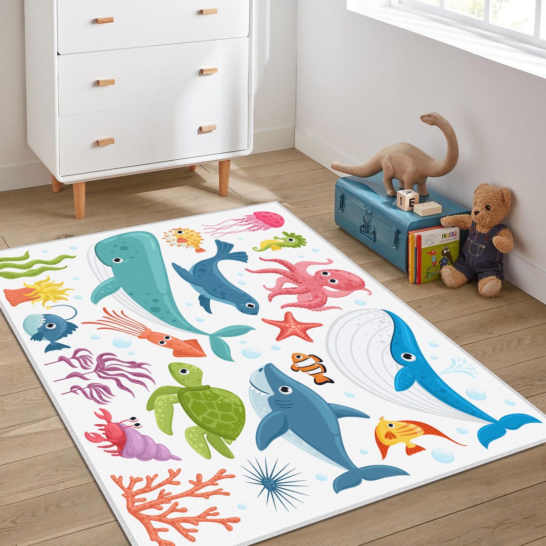 Sea World Nursery Rug, Ocean Animals Patterned Baby Room Rug ...