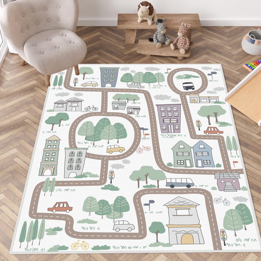 Road City Desing Child Room Rug, Rectangle Traffic Playroom Mat, Car ...