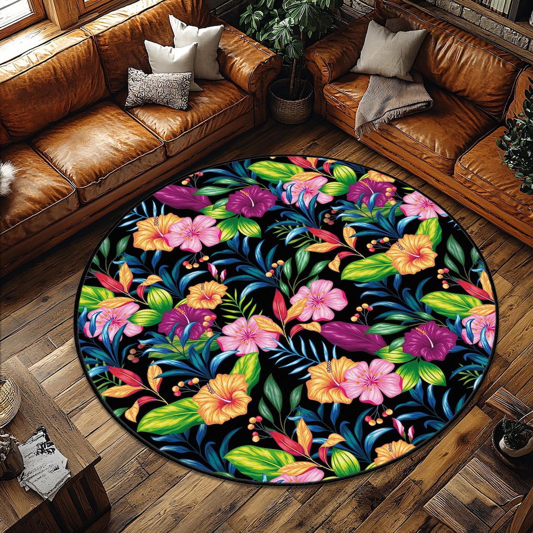Floral Leaf Design Living Room Rug, Colorful Floral Round Mat, Tropical ...