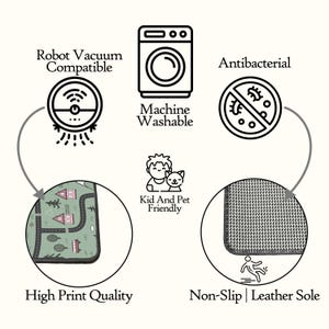 May include: An image with text and icons. The text includes "Robot Vacuum Compatible", "Machine Washable", "Antibacterial", "Kid And Pet Friendly", "High Print Quality", and "Non-Slip | Leather Sole". The image also shows a play mat.