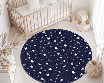 Space Themed Kids Rug, Star Patterned Navy Blue Carpet, Night Sky Desing Kids Rugs