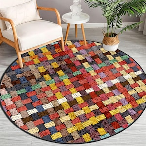 Kolorowy, okrągły dywanik patchworkowy, abstrakcyjny dywanik, miękki, zmywalny dywanik w kształcie koła, antypoślizgowa mata podłogowa do sypialni
