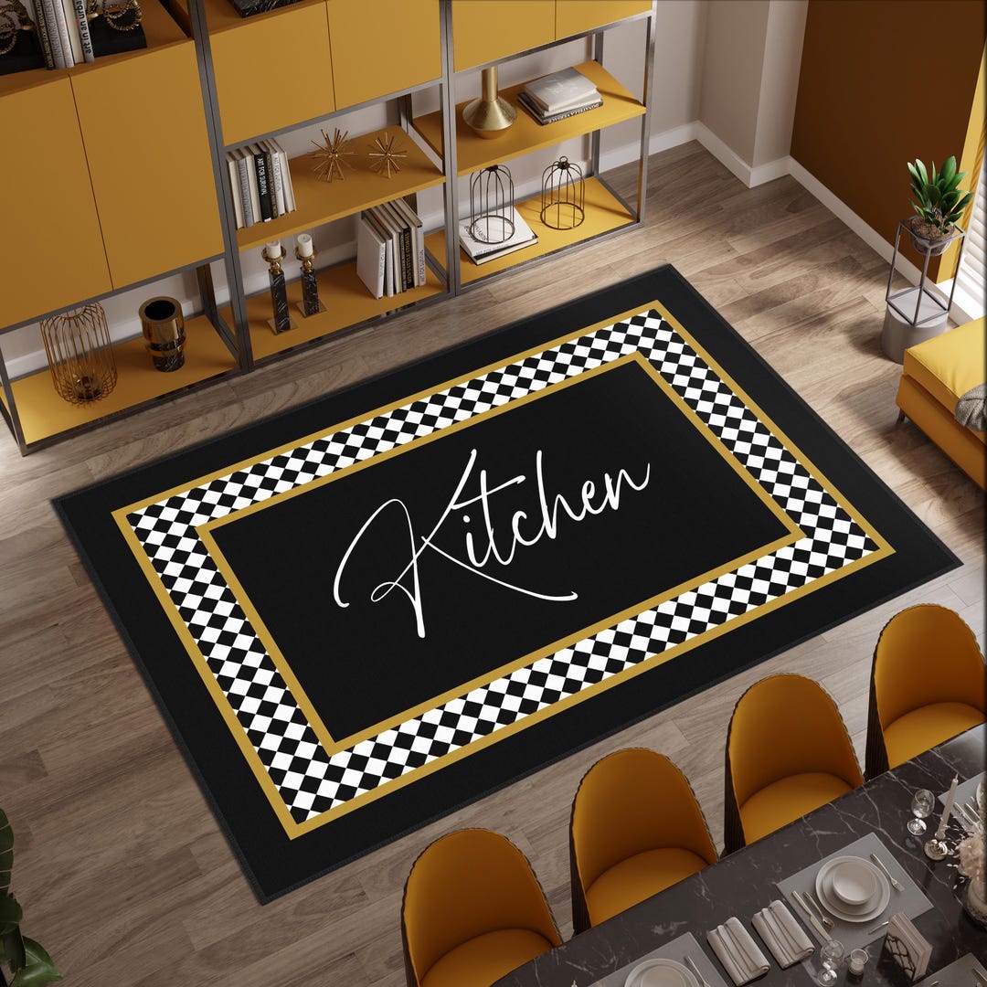 Checked Rug Kitchen Checkered Rug, Kitchen Rug, Black Kitchen Mat, Checkered Border Kitchen ...