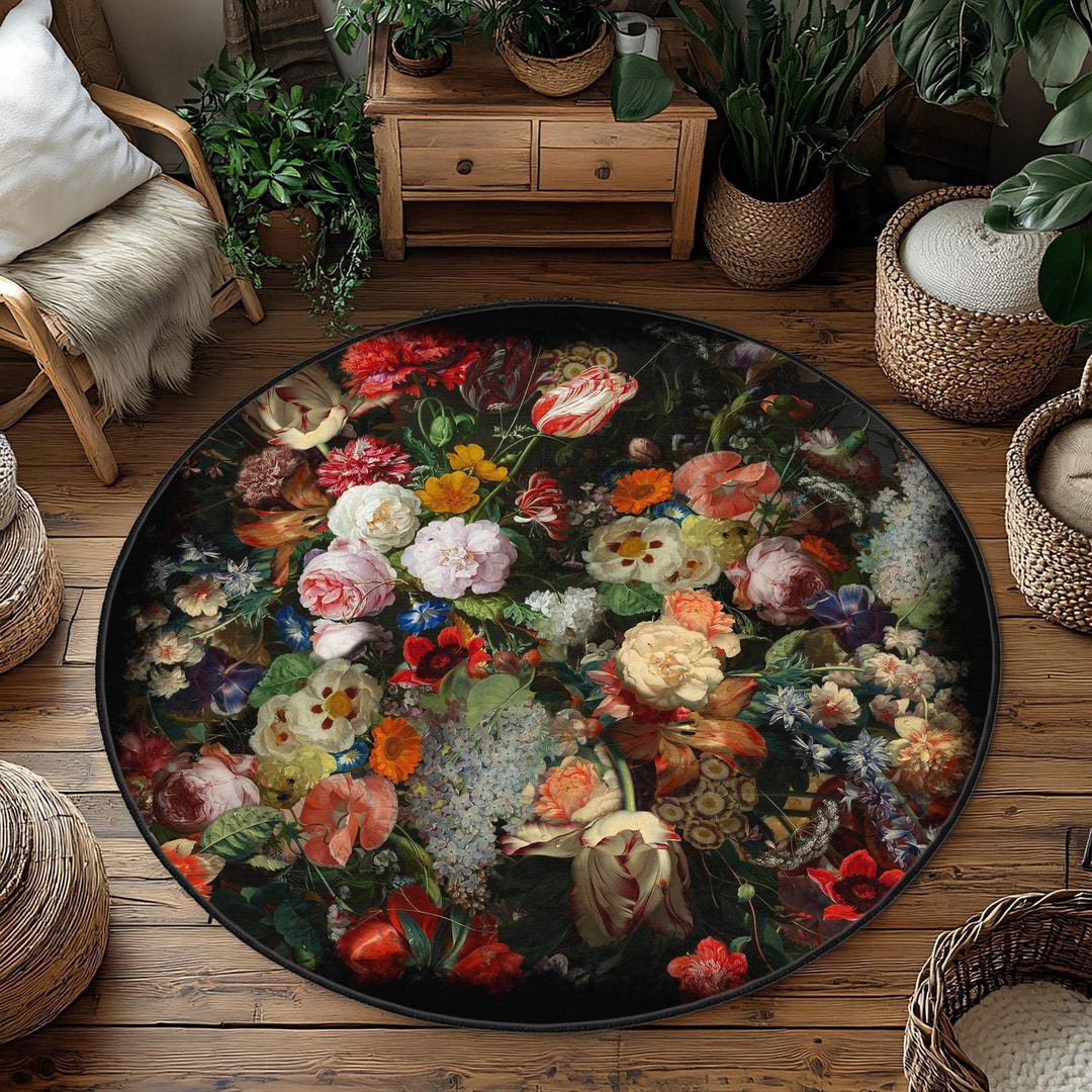 Vintage Floral Round Area Rug, Colorful Bouquet Design Carpet, Classic ...
