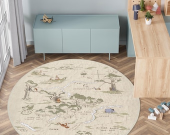 Round Winnie Map, Pooh Woodland Desing Kids Rug, 100 Acre Wood Rug, Baby Mat