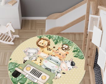 Safari Animals Patterned Nursery Rug, Jungle Kids Round Carpet, Baby Playroom Mat