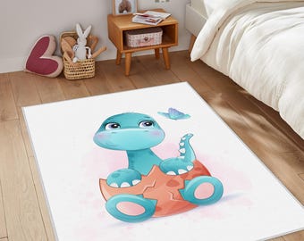 Baby Dinosaur Design Nursery Rug, Kids Room Carpet, Dino Theme Playroom Mat