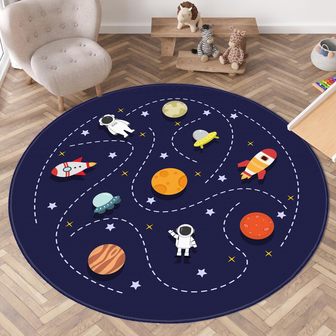 Rocket Circular Rug Space Round Kids Rug, Astronaut Planets Rockets Nursery Carpet - Etsy