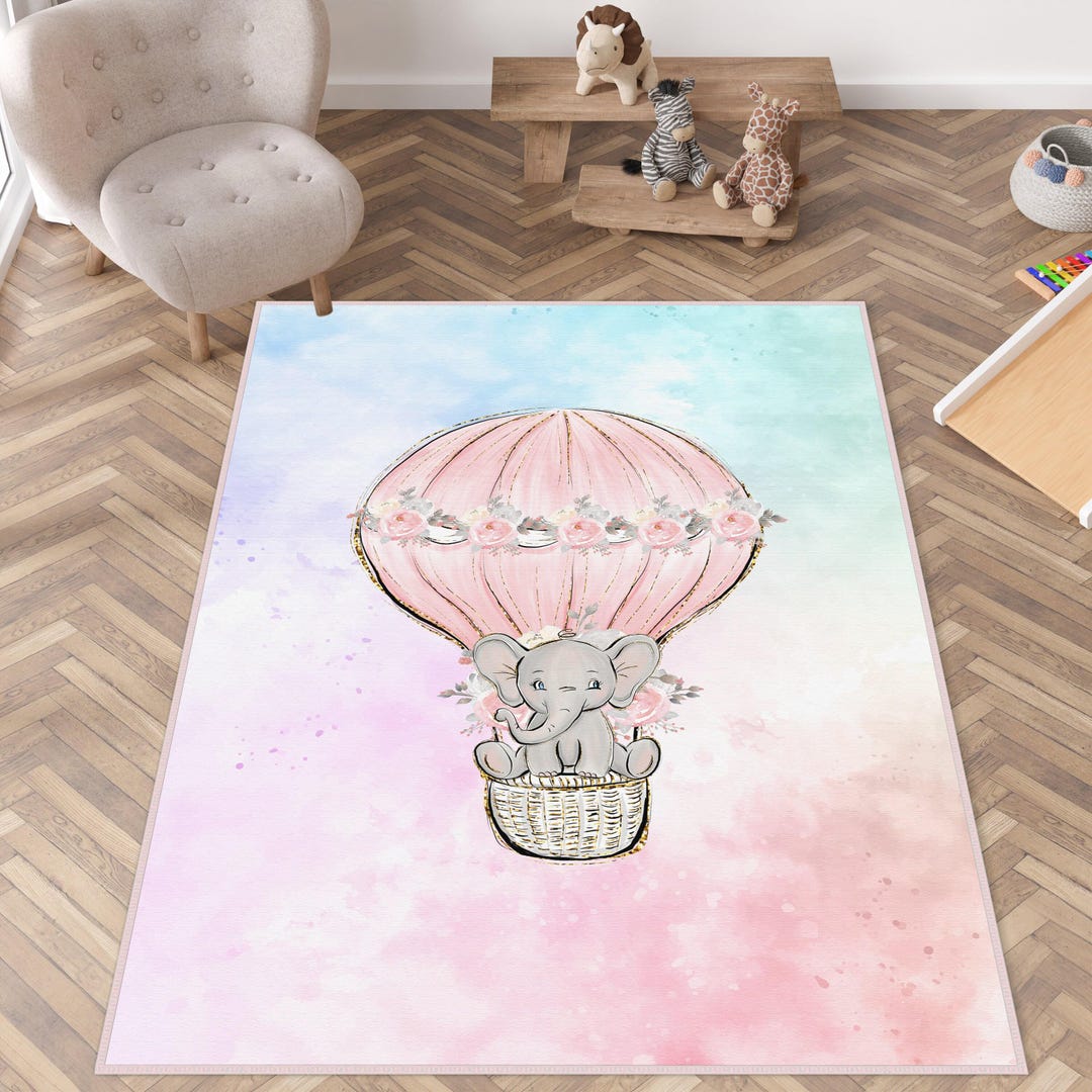 Elephant Balloon Rug, Pastel Colors Baby Room Rugs, Elephant Design ...