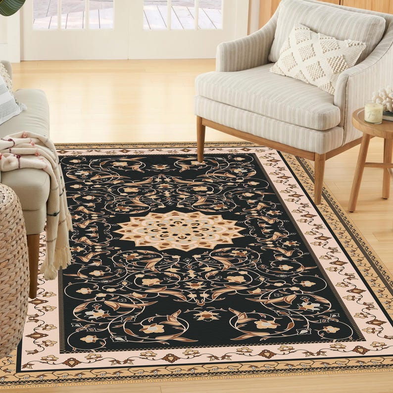 Oriental Vintage Style Medallion Rug, Brown Floral Carpet, Classic Living Room Rug image 9