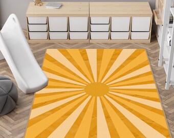Yellow Newborn Rugs, Sunburst Nursery Rug, Boho Sunshine Kids Room Carpet, Neutral Playroom Mat