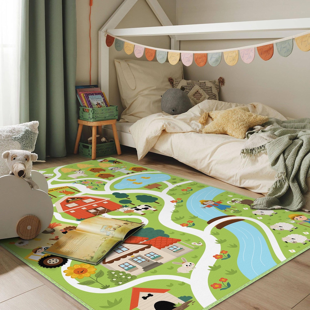 Tractor Play Rug Farm Themed Play Mat, Tractor Animal Desing Kids Room Rug, Farmhouse ...
