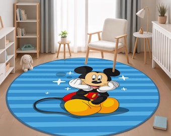 Mickey Kids Room Carpet, Mickey Mouse Children's Mat, Blue Baby Rugs, Round Nursery Rug