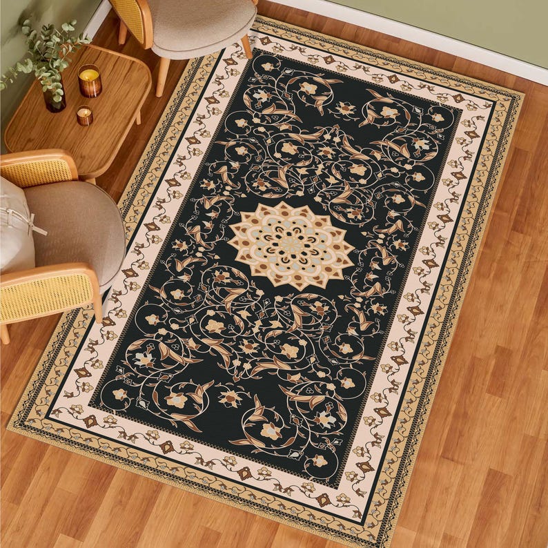 Oriental Vintage Style Medallion Rug, Brown Floral Carpet, Classic Living Room Rug image 3