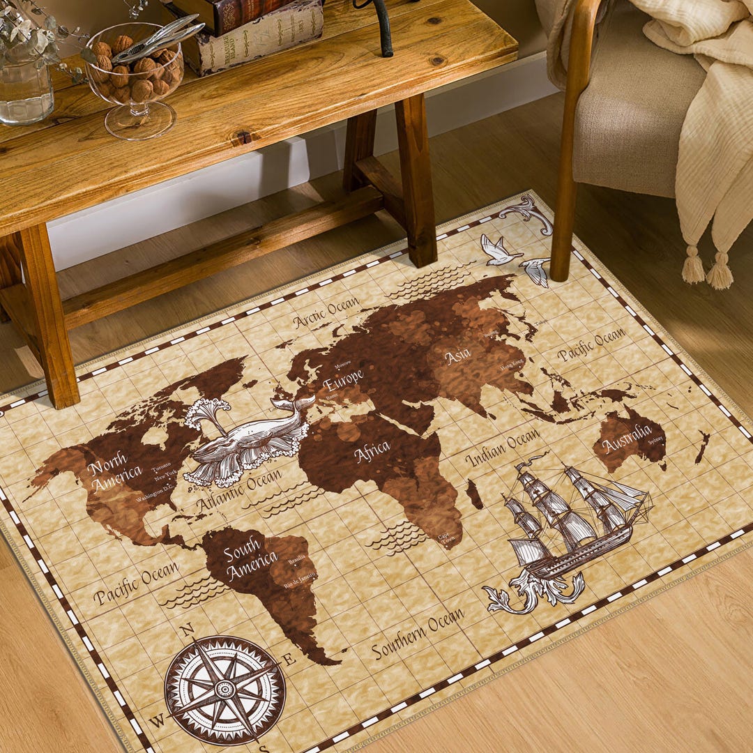 Vintage World Map Area Rug, Antique Style Cartography Carpet, Travel ...