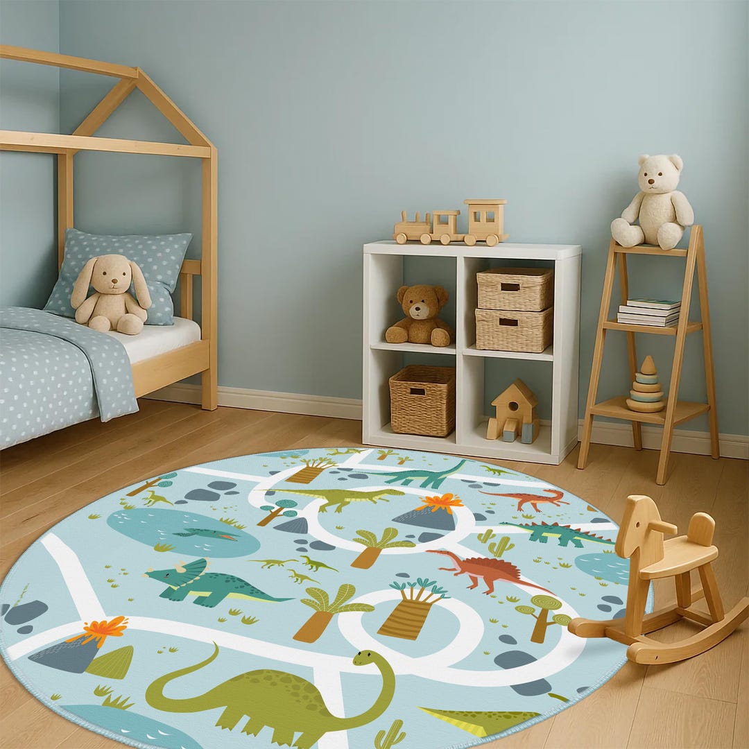 Dinosaur Themed Kids Room Round Rug, Non-slip Playroom Mat, Dino Design ...
