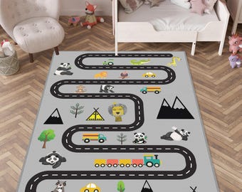 Mountain Animal Themed Road Patterned Kids Rug, Educational PlayroomMat, Traffic Safari Road Design Carpet