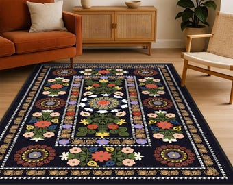 Flowers Design Rug, Floral Bohemian Area Rugs, Vintage Style Flower Pattern Carpet