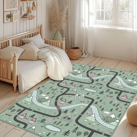 Road Patterned Kids Play Mat, Car Mountain Desing Rectangular Rug, Road Green Baby Carpet