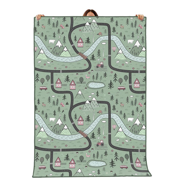 Road Patterned Kids Play Mat, Car Mountain Desing Rectangular Rug, Road Green Baby Carpet image 2