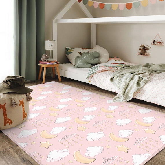 Rosa Kinderzimmer Teppich, Mond Sterne Baby Teppich, Wolke Kinderzimmer Teppich, Mädchen Raum Matte