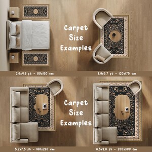 May include: An overhead view showcases carpet size examples. The image displays various room setups with rugs, including a bedroom with a 2.6x4.9 ft rug and a living room with a 6.5x9.8 ft rug. Text reads "Carpet Size Examples".